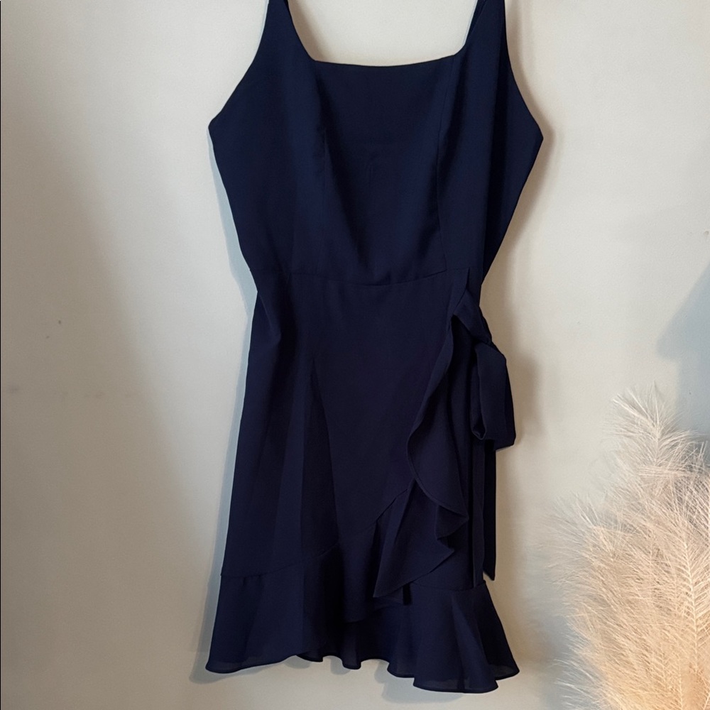Navy Ruffle Wrap Skirt Spaghetti Strap Dress